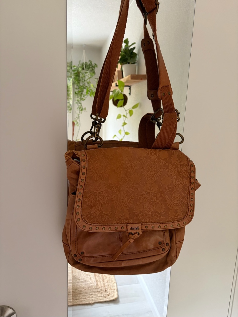 The Sak Cognac Brown Floral-Embossed Leather Crossbody Bag